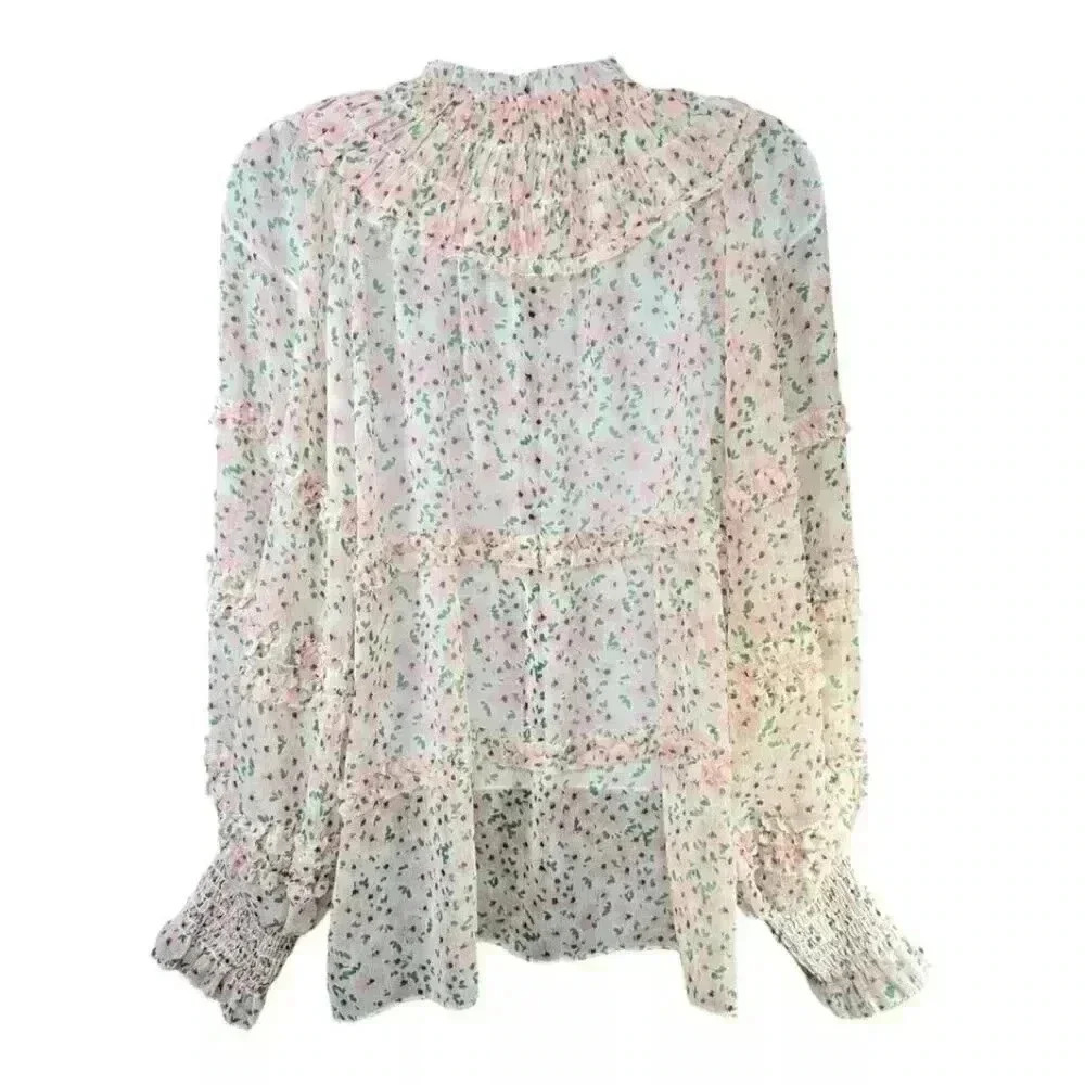 ALICE+OLIVIA Blouse Top Floral Tier Puff Sleeve Smock Neck Women's Medium - Picture 2 of 4